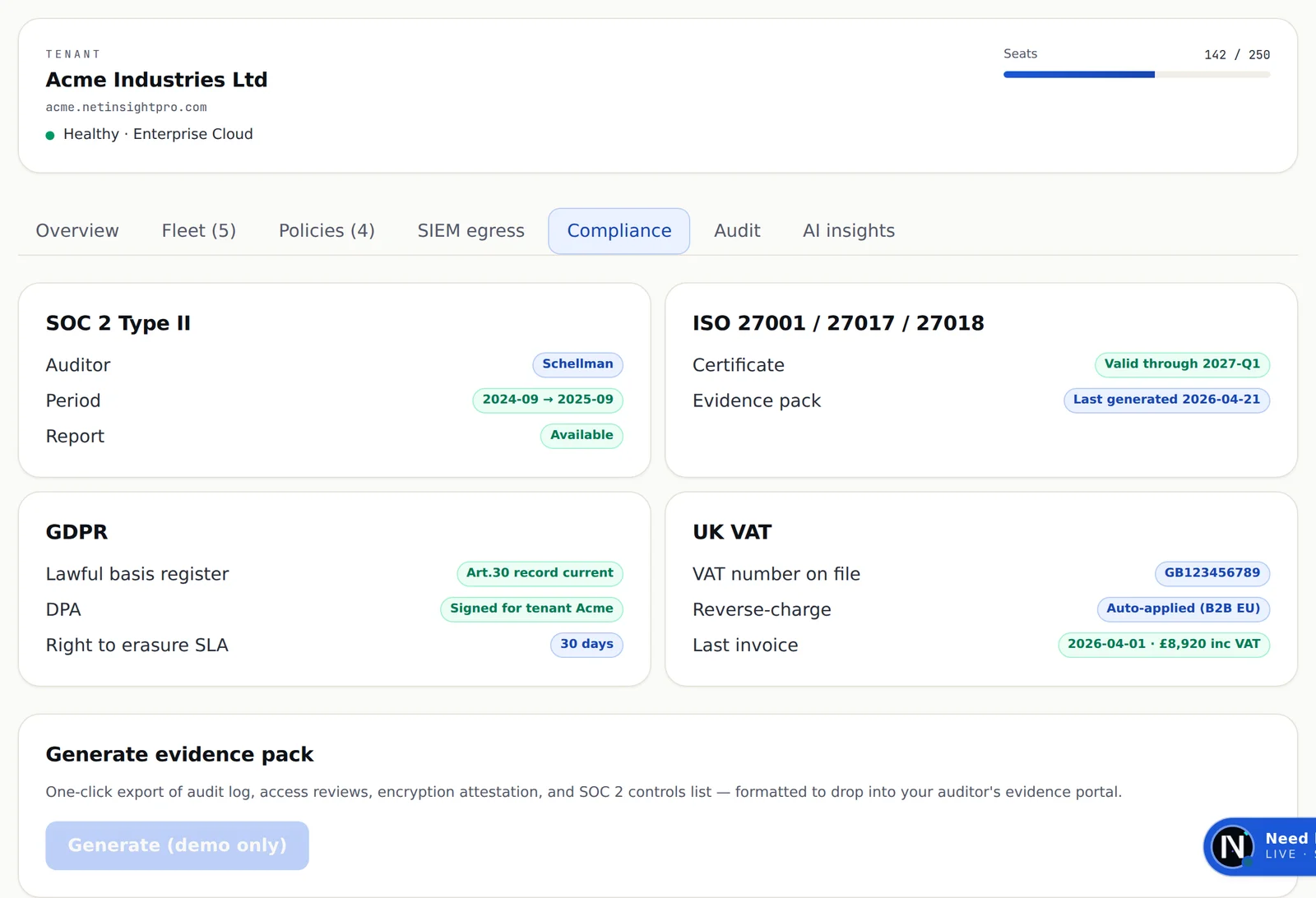 Compliance pack view